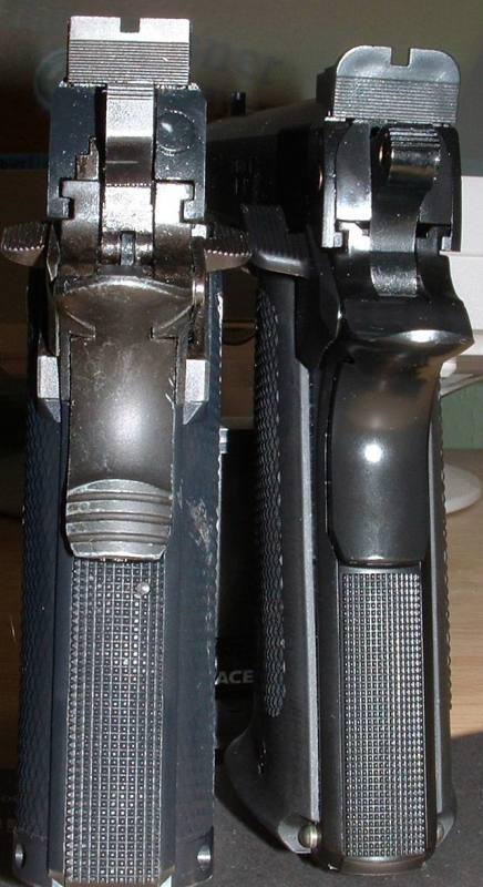 Infinity (left) Vs 1911 - Note wider grip, but otherwise very similar.