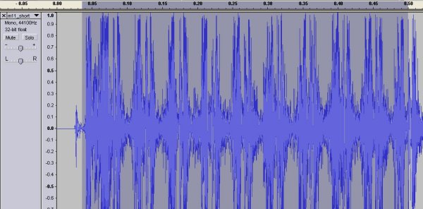 Recorded m11 sound - each spike pair is a shot.