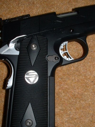 Silver chamber and grip logos accents on black gun.